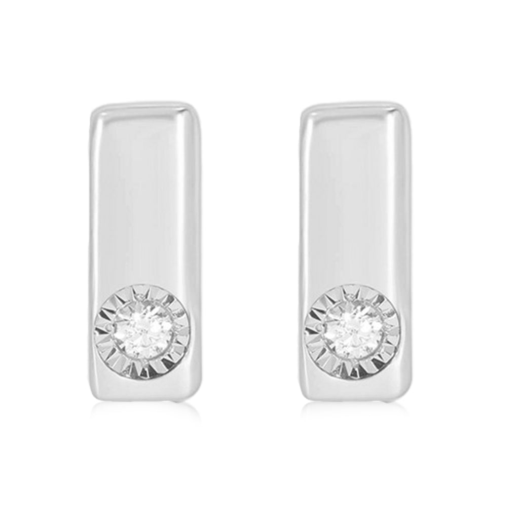 Sterling Silver with Round Brilliant Cut Diamond Set Bar Stud Earrings