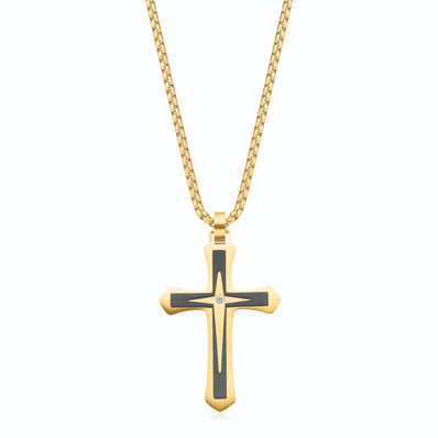 Tensity 60cm Stainless Steel Gold&Black Tone Cubic Zirconia Cross Pendants