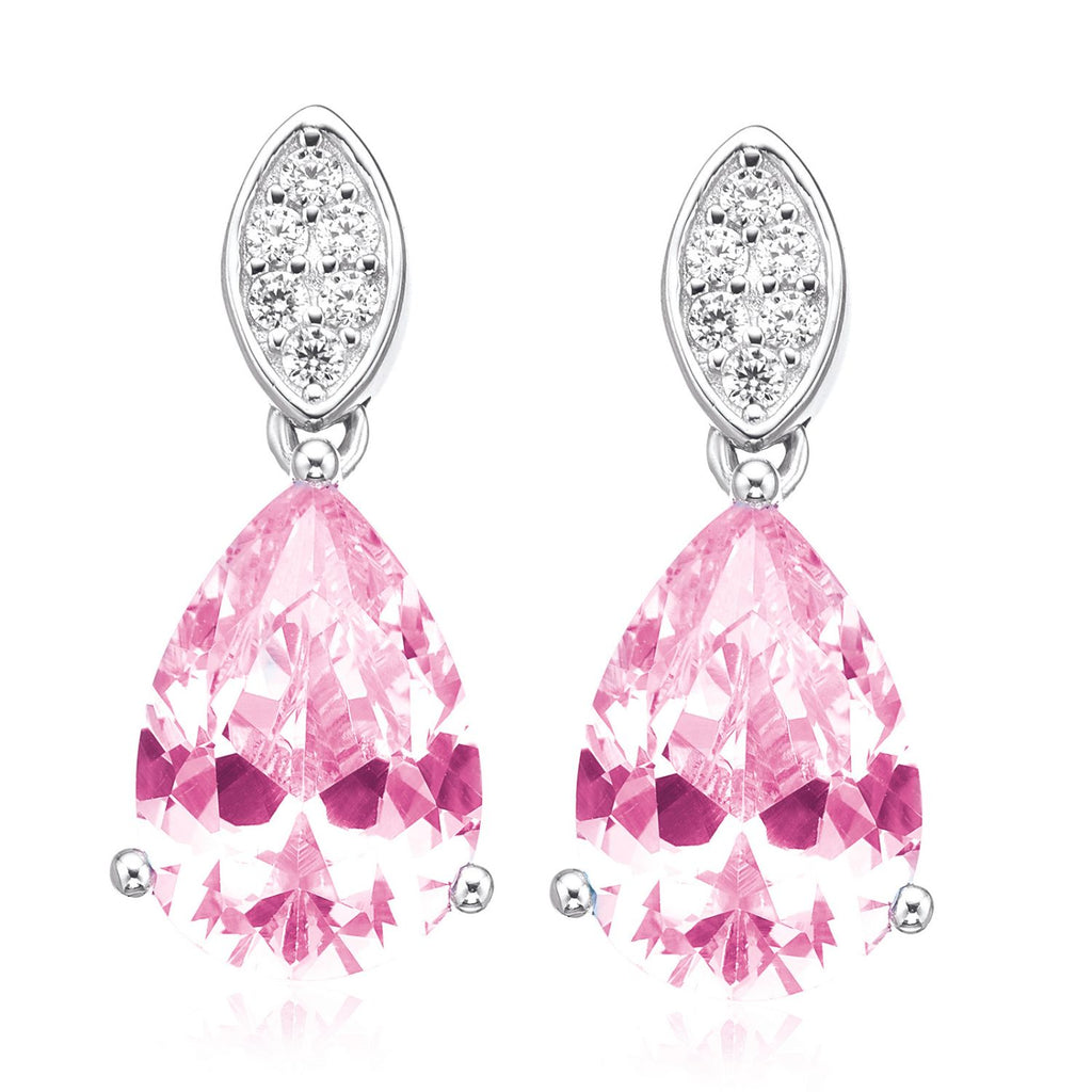 Sterling Silver with Round Brilliant Cut Pink & White  Cubic Zirconia Drop Earrings