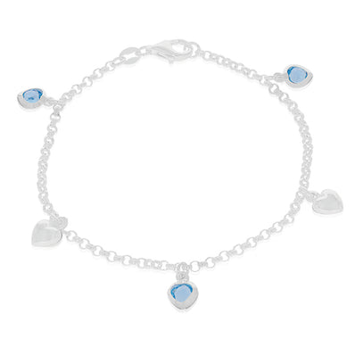 Sterling Silver Blue Cubic Zirconia Heart Charm Bracelet
