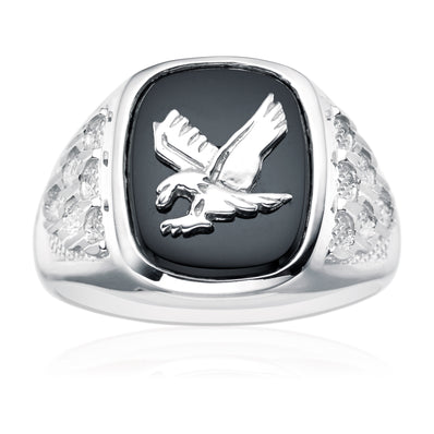 Sterling Silver Cubic Zirconia & Black Onyx Eagle Signet Mens Ring
