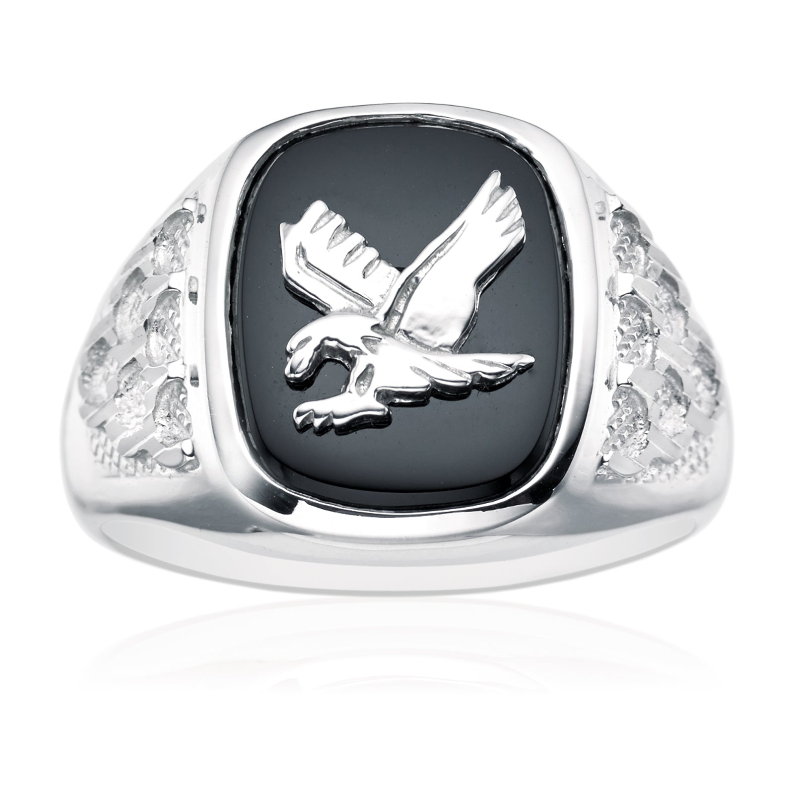Sterling Silver Cubic Zirconia & Black Onyx Eagle Signet Mens Ring