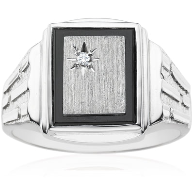 Sterling Silver Cubic Zirconia & Black Onyx Brushed Pattern Star Signet Mens Ring