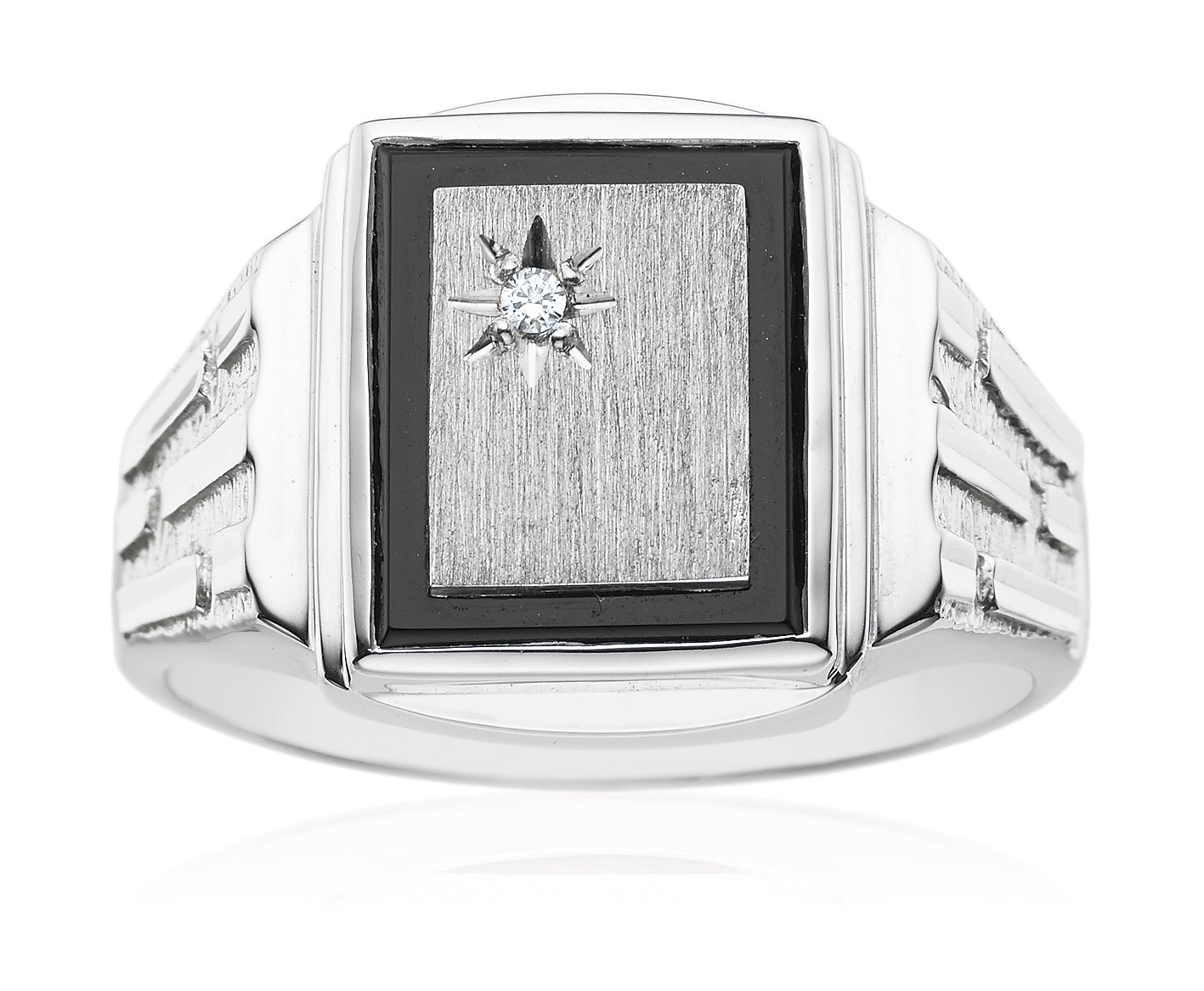 Sterling Silver Cubic Zirconia & Black Onyx Brushed Pattern Star Signe