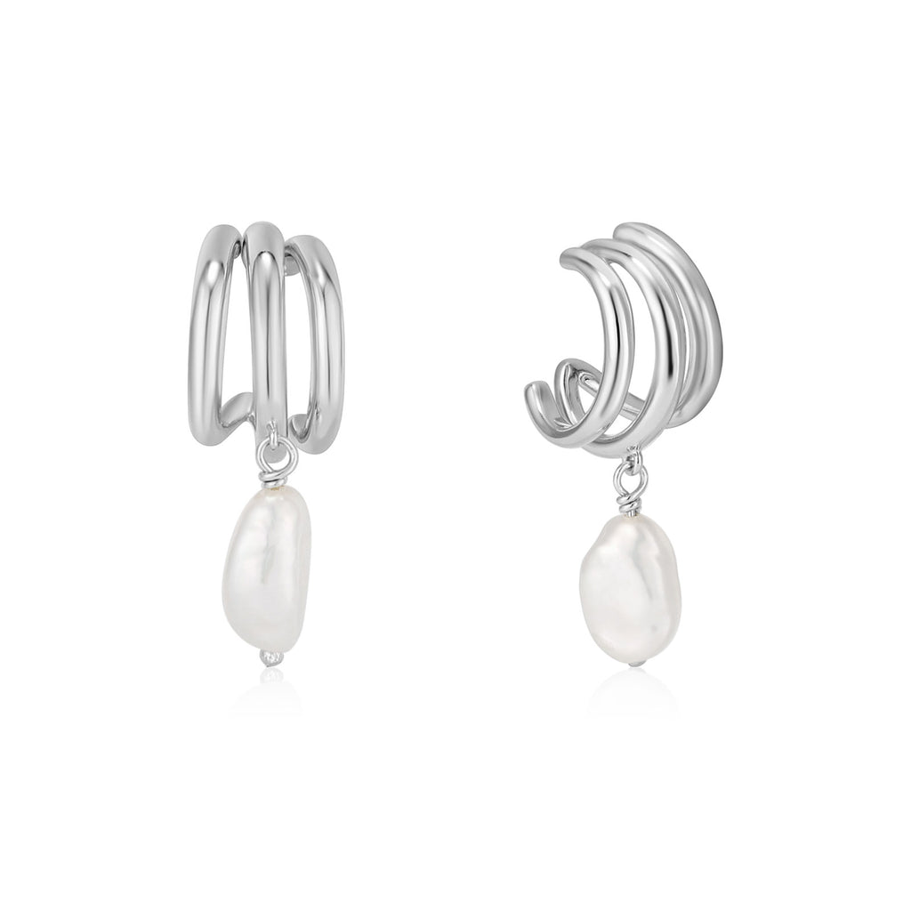 Ania Haie Sterling Silver Freshwater Pearl Triple Mini Hoop Earrings